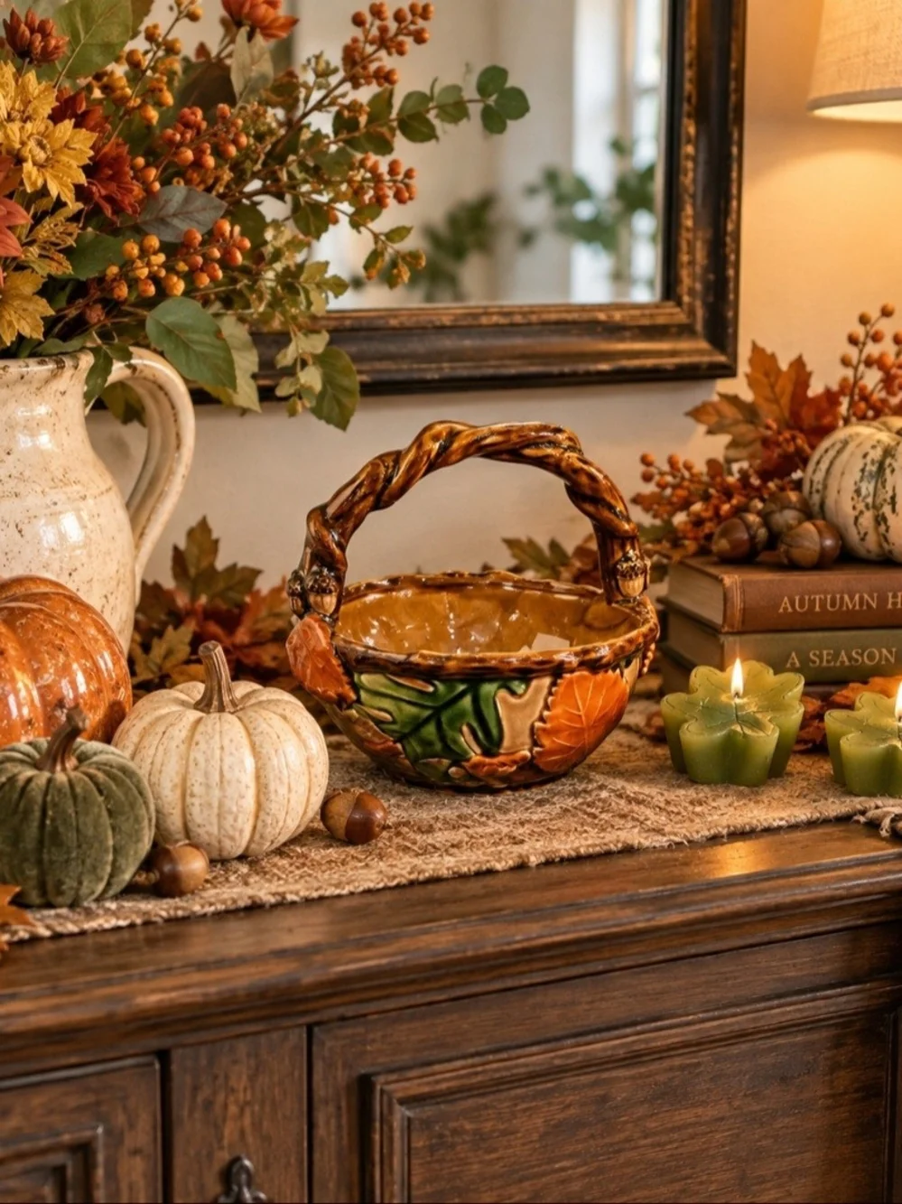 Vintage Autumn Ceramic Basket Table Decor - Orange, Green & Cream